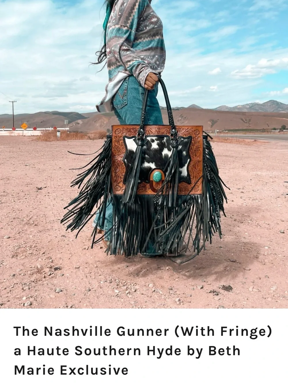 Fringed Western Leather Tote with Turquoise Accent - Black & Brown